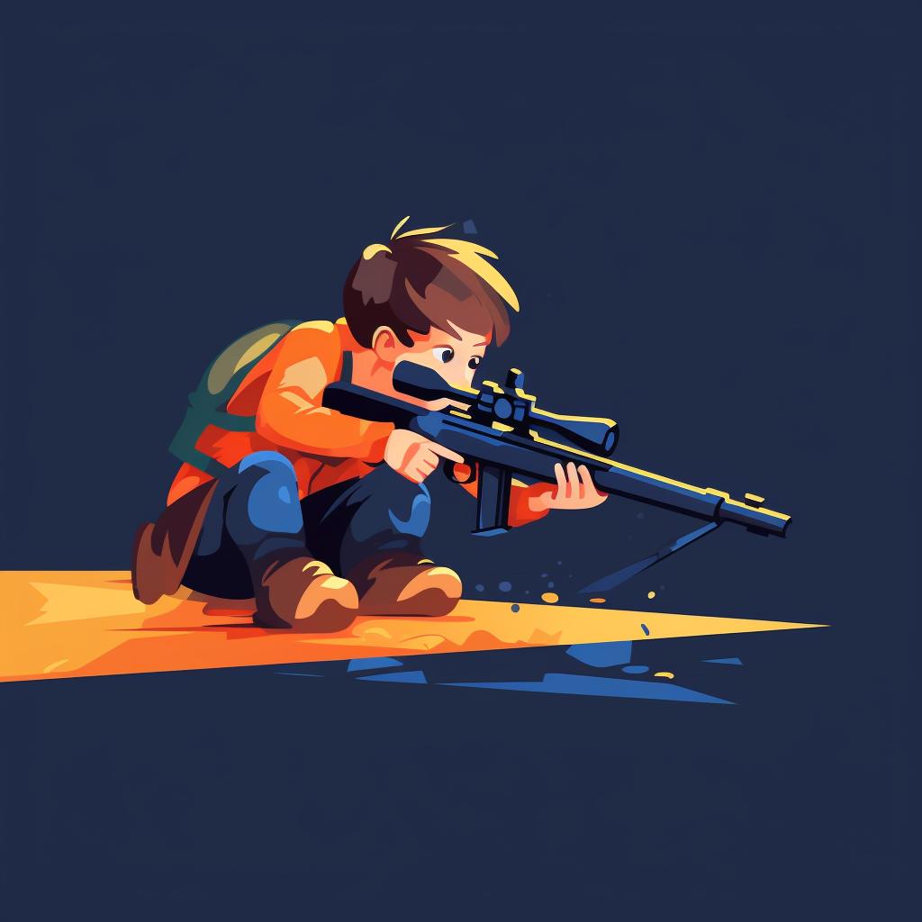 Child in a kneeling position aiming a Nerf sniper rifle