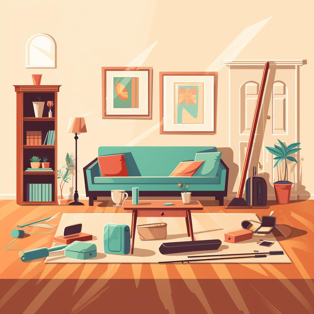 A living room being cleared of breakable items