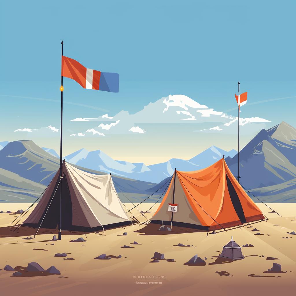 Two distinct base camps marked with flags