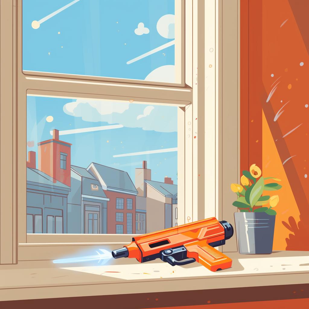 A Nerf gun being left to dry on a sunny windowsill