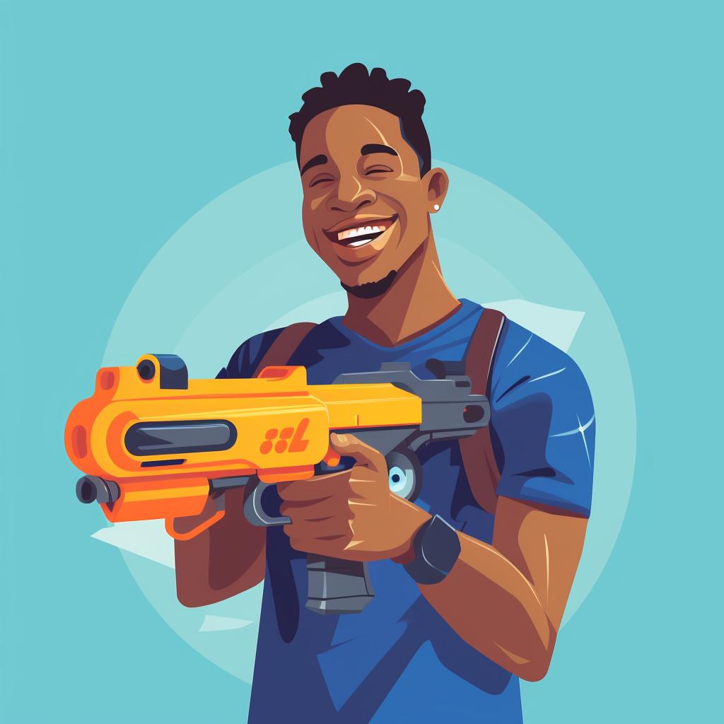 Person holding a customized Nerf gun with a smile